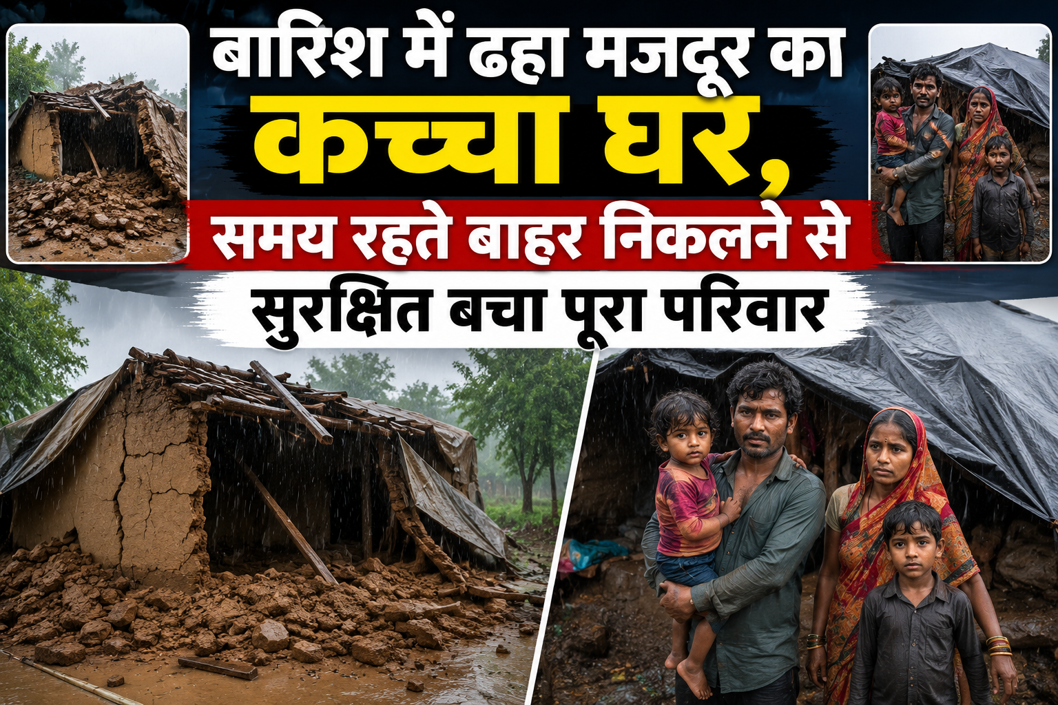 बारिश में ढहा मजदूर का कच्चा घर, समय रहते बाहर निकलने से सुरक्षित बचा पूरा परिवार