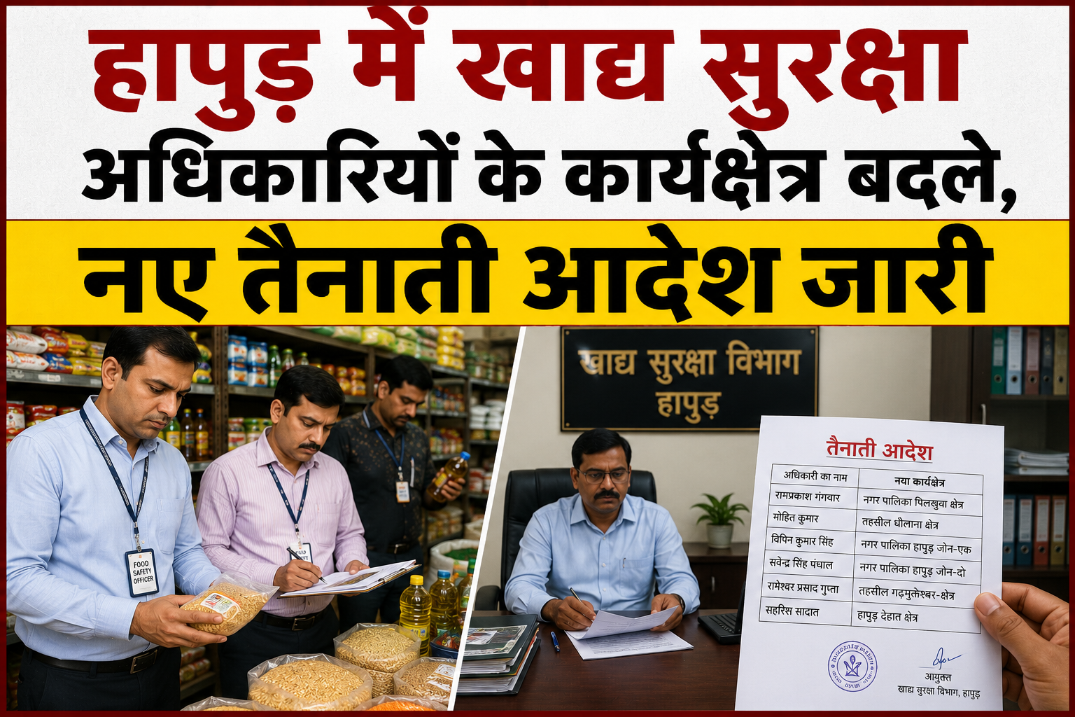 हापुड़ में खाद्य सुरक्षा अधिकारियों के कार्यक्षेत्र बदले, नए तैनाती आदेश जारी