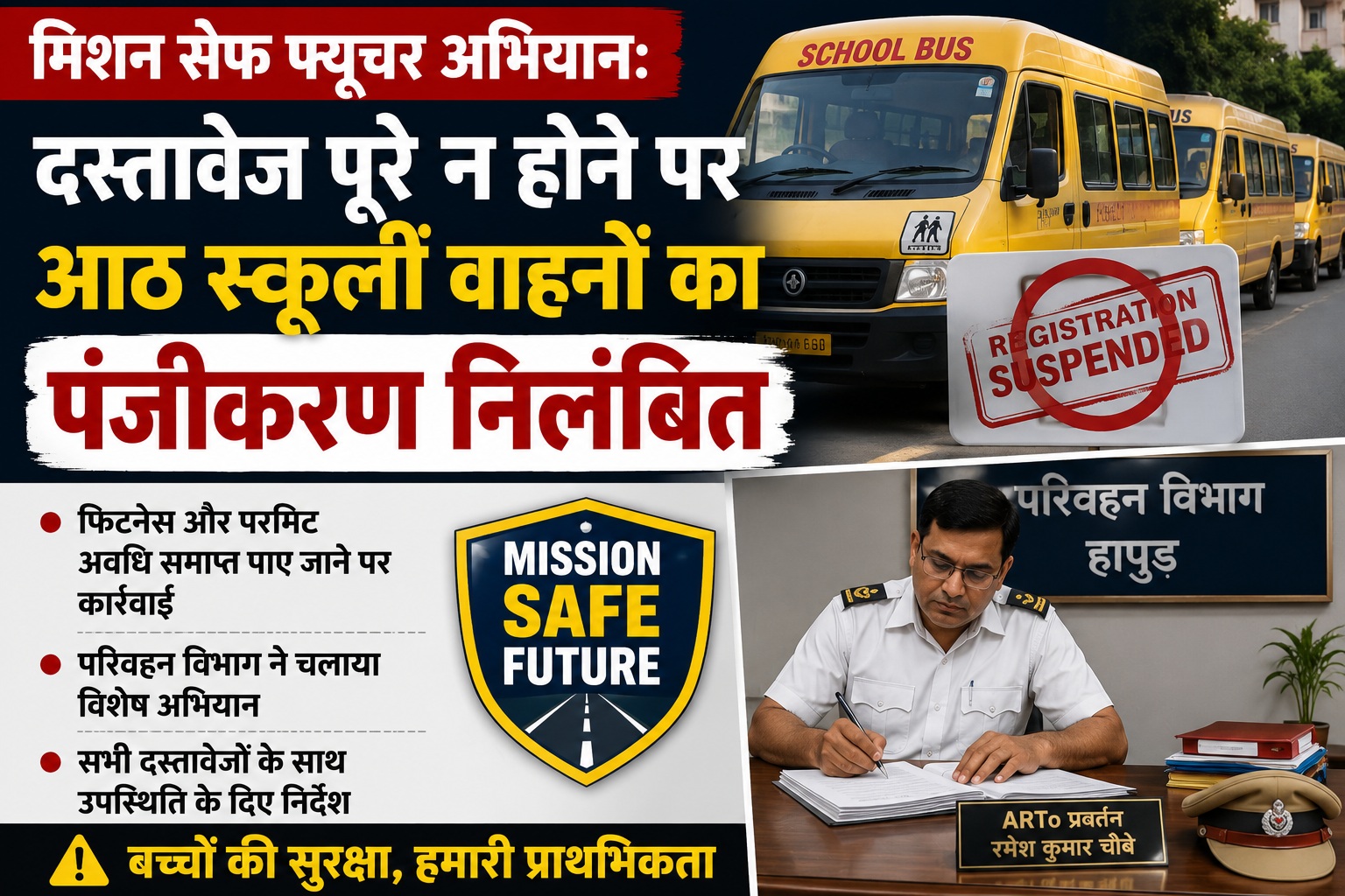 मिशन सेफ फ्यूचर अभियान: दस्तावेज पूरे न होने पर आठ स्कूली वाहनों का पंजीकरण निलंबित