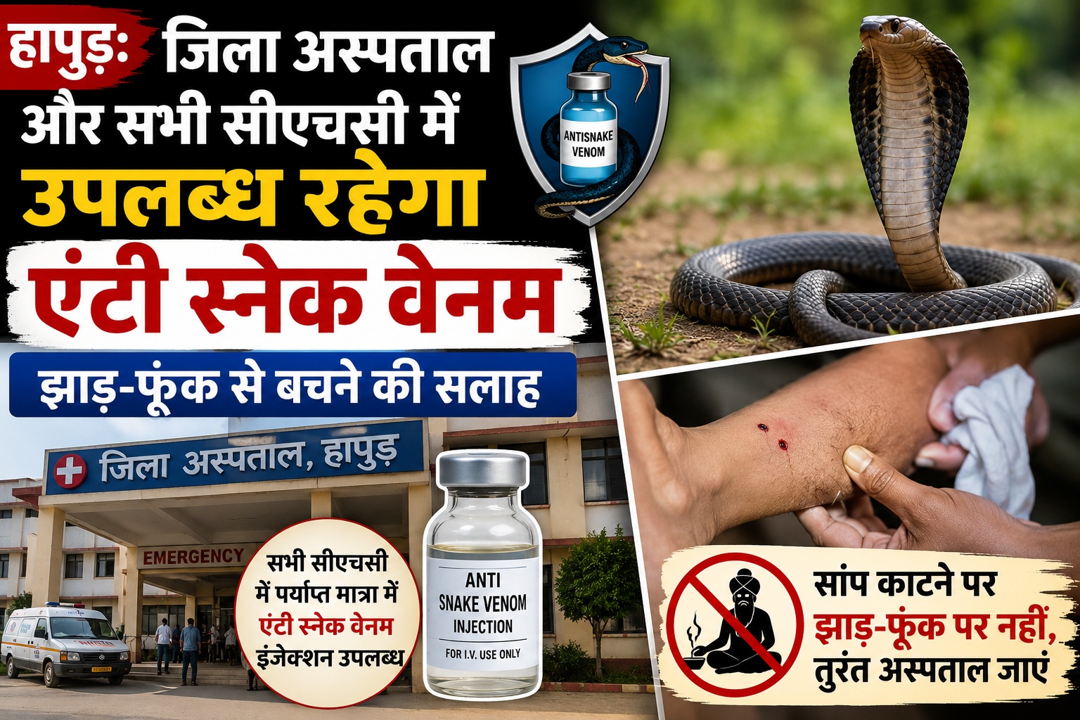 हापुड़: जिला अस्पताल और सभी सीएचसी में उपलब्ध रहेगा एंटी स्नेक वेनम, झाड़-फूंक से बचने की सलाह